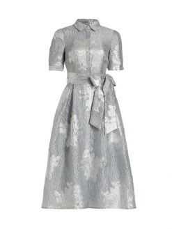 Teri Jon By Rickie Freeman Platinum Jacquard Belted Cocktail Dress