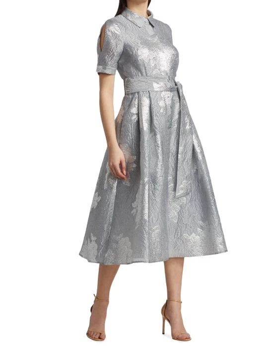Teri Jon By Rickie Freeman Platinum Jacquard Belted Cocktail Dress 4 Teri Jon By Rickie Freeman Platinum Jacquard Belted Cocktail Dress - Image 2