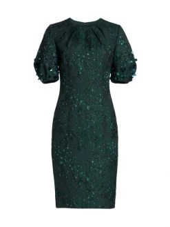 Teri Jon By Rickie Freeman Sequined Puff-Sleeve Sheath Dress Emerald