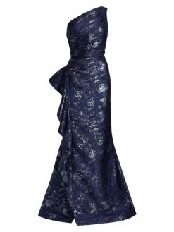 Teri Jon By Rickie Freeman Jacquard One-Shoulder Gown Navy