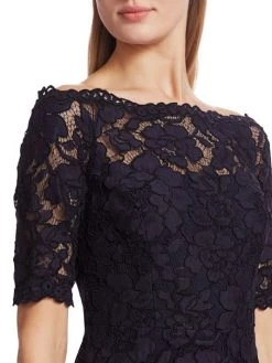 Teri Jon By Rickie Freeman Off-The-Shoulder Three-Quarter Sleeve Lace Dress Navy -Rickie Freeman Sales 2022 unnamed file 1107