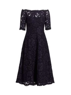 Teri Jon By Rickie Freeman Off-The-Shoulder Three-Quarter Sleeve Lace Dress Navy -Rickie Freeman Sales 2022 unnamed file 1109
