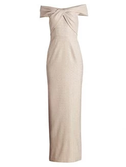 Teri Jon By Rickie Freeman Off-The-Shoulder Metallic Gown