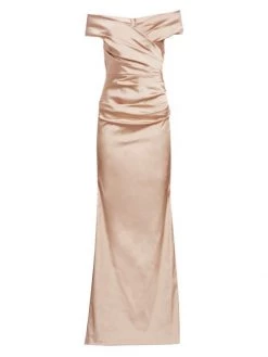 Teri Jon By Rickie Freeman Off-The-Shoulder Ruched Satin Gown