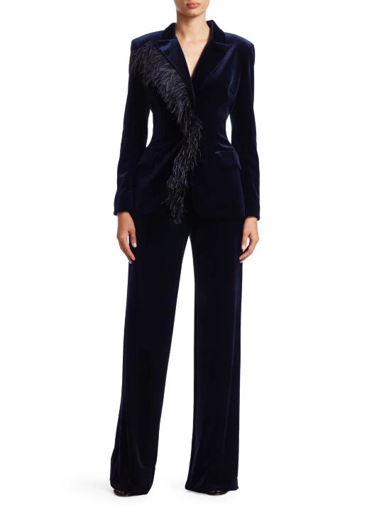 Teri Jon By Rickie Freeman Feather Trimmed Velvet Blazer Black 4 Teri Jon By Rickie Freeman Feather Trimmed Velvet Blazer Black - Image 2