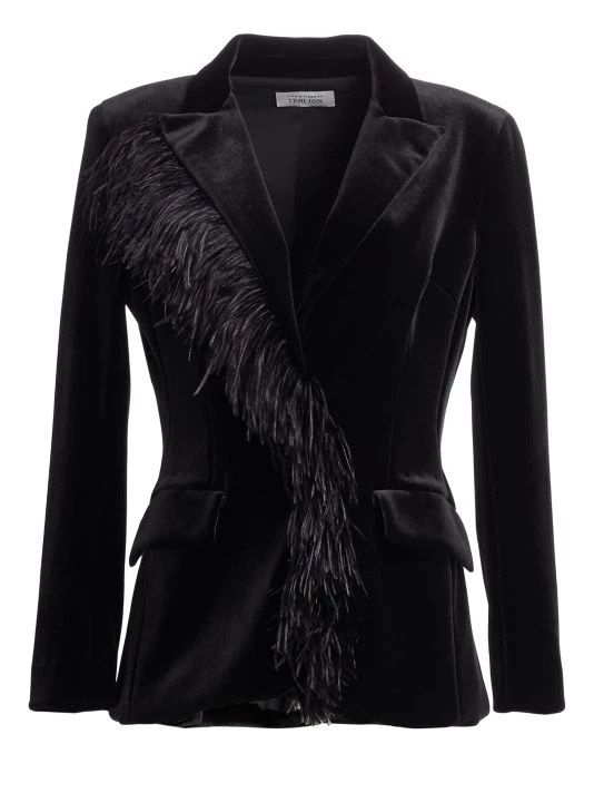 Teri Jon By Rickie Freeman Feather Trimmed Velvet Blazer Black 10 Teri Jon By Rickie Freeman Feather Trimmed Velvet Blazer Black - Image 8