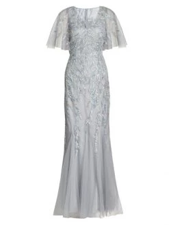 Teri Jon By Rickie Freeman Beaded Tulle Flutter-Sleeve Gown