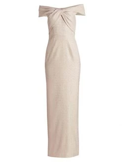 Teri Jon By Rickie Freeman Metallic Off-The-Shoulder Gown Ice Blue
