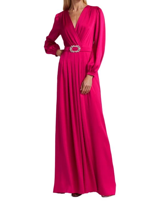 Teri Jon By Rickie Freeman Hammered Satin Belted Gown Fuchsia 4 Teri Jon By Rickie Freeman Hammered Satin Belted Gown Fuchsia - Image 2