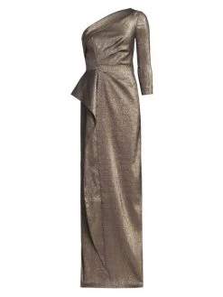Teri Jon By Rickie Freeman Metallic One-Shoulder Ruffle Gown
