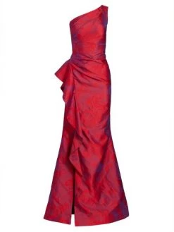 Teri Jon By Rickie Freeman Jacquard One-Shoulder Ruched Gown