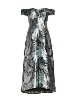 Teri Jon By Rickie Freeman Metallic Fan Print Off-The-Shoulder Gown