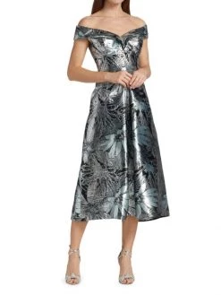 Teri Jon By Rickie Freeman Metallic Fan Print Off-The-Shoulder Gown -Rickie Freeman Sales 2022 unnamed file 1258