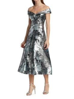 Teri Jon By Rickie Freeman Metallic Fan Print Off-The-Shoulder Gown -Rickie Freeman Sales 2022 unnamed file 1259