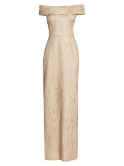 Teri Jon By Rickie Freeman Off-the-Shoulder Metallic Jacquard Gown