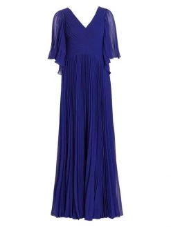 Teri Jon By Rickie Freeman Plissé V-Neck Gown