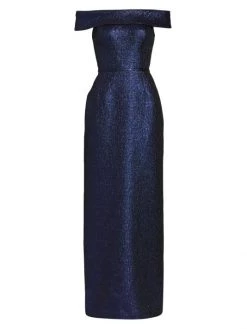Teri Jon By Rickie Freeman Off-The-Shoulder Metallic Jacquard Gown Light Gold
