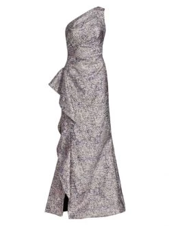 Teri Jon By Rickie Freeman Metallic Jacquard One-Shoulder Gown Pink Lilac