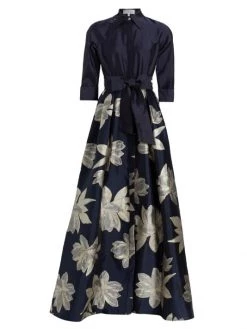 Teri Jon By Rickie Freeman Shirtwaist Floral Jacquard Gown