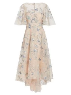 Teri Jon By Rickie Freeman Asymmetric Floral Sequin-Embroidered Midi-Dress