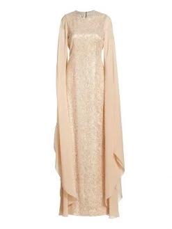 Teri Jon By Rickie Freeman Chiffon Cape Overlay Beaded Gown Navy