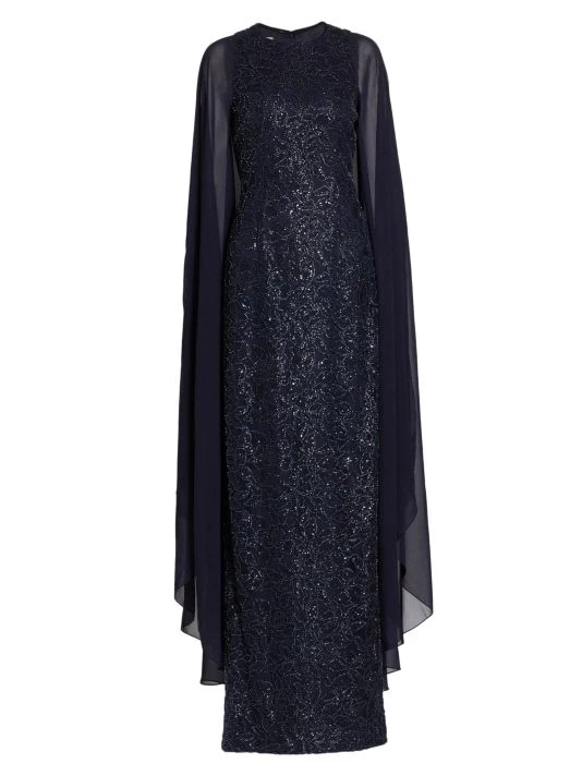 Teri Jon By Rickie Freeman Chiffon Cape Overlay Beaded Gown Navy 5 Teri Jon By Rickie Freeman Chiffon Cape Overlay Beaded Gown Navy - Image 3