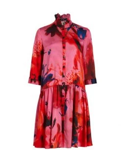Teri Jon By Rickie Freeman Printed Twill Drop-Waist Shirtdress