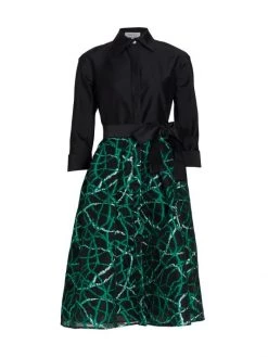 Teri Jon By Rickie Freeman Belted Taffeta & Jacquard Shirtdress