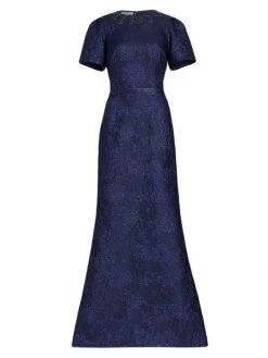 Teri Jon By Rickie Freeman Jacquard Short-Sleeve Gown