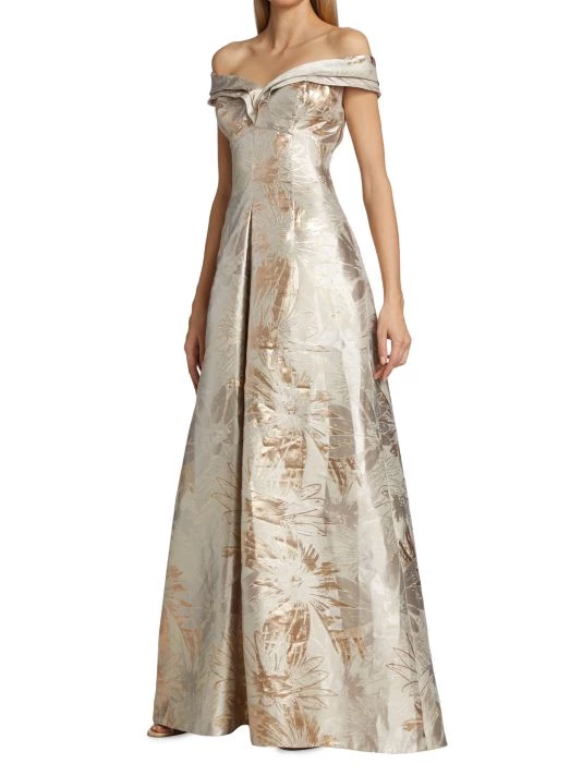 Teri Jon By Rickie Freeman Portrait Neck Metallic Jacquard Gown 4 Teri Jon By Rickie Freeman Portrait Neck Metallic Jacquard Gown - Image 2