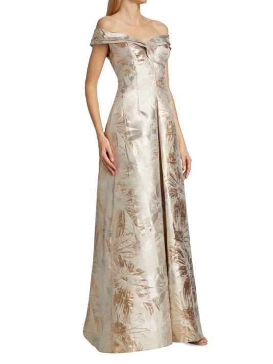 Teri Jon By Rickie Freeman Portrait Neck Metallic Jacquard Gown 6 Teri Jon By Rickie Freeman Portrait Neck Metallic Jacquard Gown - Image 4