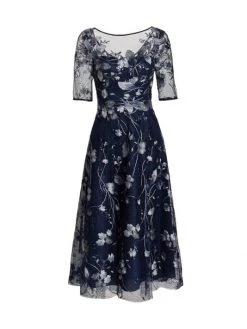 Teri Jon By Rickie Freeman Embroidered Tulle Tea Dress