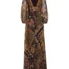 Teri Jon By Rickie Freeman Pleated Paisley Chiffon Gown