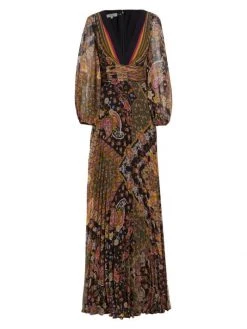 Teri Jon By Rickie Freeman Pleated Paisley Chiffon Gown