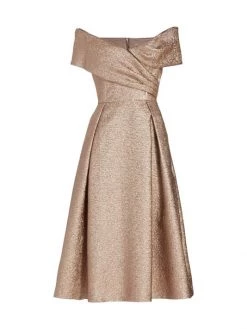 Teri Jon By Rickie Freeman Off-The-Shoulder Metallic Midi-Dress