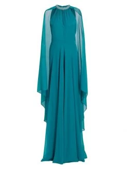 Teri Jon By Rickie Freeman Embellished Chiffon Cape Gown