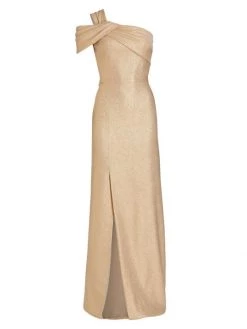 Teri Jon By Rickie Freeman One-Shoulder Metallic-Jacquard Gown