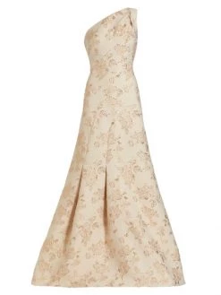 Teri Jon By Rickie Freeman One-Shoulder Floral Metallic Jacquard Gown