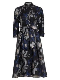 Teri Jon By Rickie Freeman Belted Shimmer Jacquard Tea-Length Dress