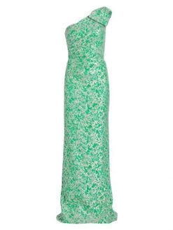 Teri Jon By Rickie Freeman One-Shoulder Jacquard Bow Gown