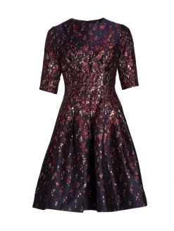 Teri Jon By Rickie Freeman Pleated Floral Jacquard Dress