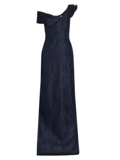 Teri Jon By Rickie Freeman Double Layer Ruffle One Shoulder Jacquard Gown Sapphire