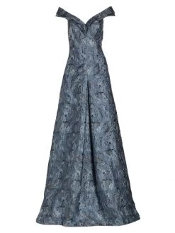 Teri Jon By Rickie Freeman Off-The-Shoulder Jacquard Gown