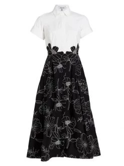 Teri Jon By Rickie Freeman Short-Sleeve Flower-Embroidered Shirt Dress