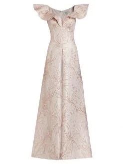 Teri Jon By Rickie Freeman Metallic Off-The-Shoulder Gown