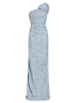 Teri Jon By Rickie Freeman Swirl Print Bow Shoulder Column Gown
