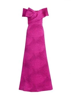 Teri Jon By Rickie Freeman Jacquard Off-The-Shoulder Gown Sapphire