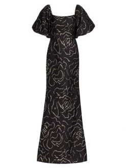 Teri Jon By Rickie Freeman Metallic Jacquard Off-The-Shoulder Gown