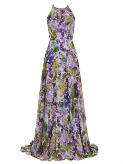 Teri Jon By Rickie Freeman Painterly Floral Embellished Halter Gown