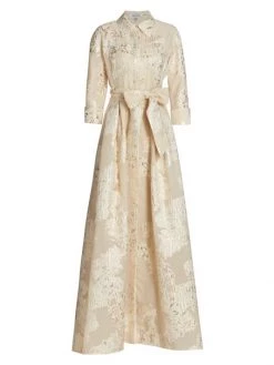 Teri Jon By Rickie Freeman Three-Quarter Sleeve Metallic Jacquard Shirt Waist Gown Champagne -Rickie Freeman Sales 2022 unnamed file 77